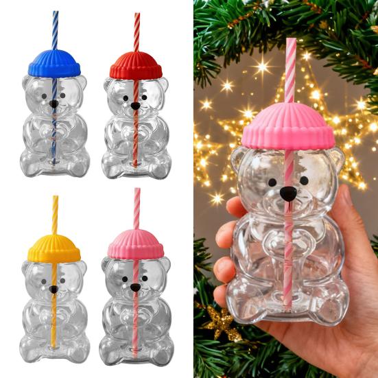 Yousheng Medvídek Pítko s víčkem a brčkem Roztomilý design medvídka Skleněný kelímek na džus, mléko, čaj, smoothie Vhodný do mikrovlnné trouby Kelímek na nápoje pro děti a dospělé