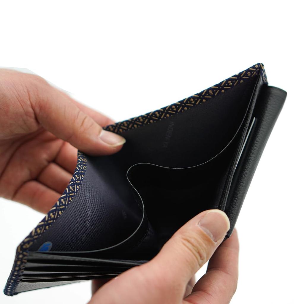 Inden Wallet Coin Case Deerskin Traditional Craft Made in Japan Navy Blue with White Lacquer Gourd [Indenya] Bi-fold Men's No.2006 ([14-007] Pattern)