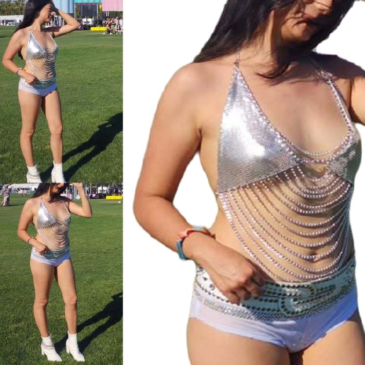 Women Shines Rhinestones Tank Top Halter Body Chain Fishnet Mesh Bra Crop Top Shirt for Night Club Party Raves Outfits