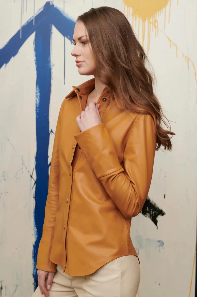 Tan Stylish Lambskin Women's Handmade Leather Shirt Genuine Soft Casual Formal