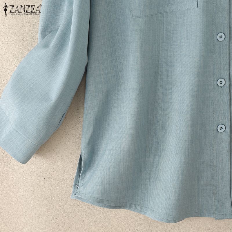 ZANZEA Kadın Günlük Yuvarlak Yaka Düz Renk 3/4 Kol Bol Bluz