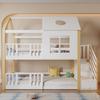 [32455235WAA]Bunk Bed with Storage Staircase, Children's Bed, with Fall Protection Guardrail, with Window and Roof, Pine+MDF, White+Natural, 90x200cm