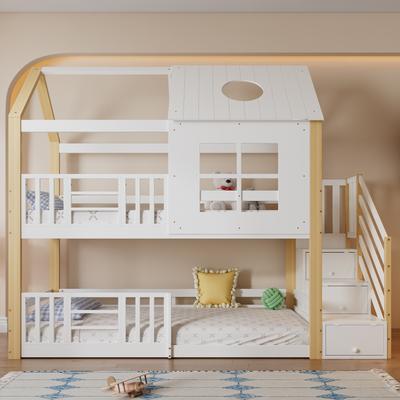 [32455235WAA]Bunk Bed with Storage Staircase, Children's Bed, with Fall Protection Guardrail, with Window and Roof, Pine+MDF, White+Natural, 90x200cm