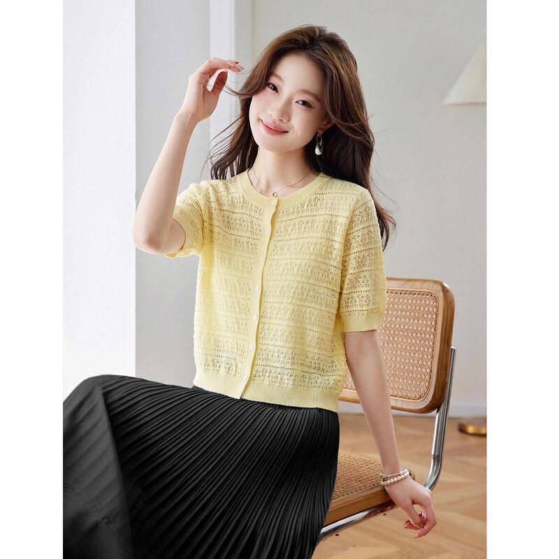 Srcr Women s Mulberry Silk Blend Thin Hollow Knit Short-Sleeve Cardigan L