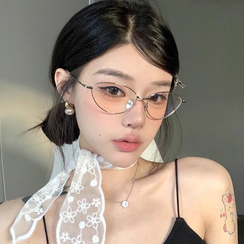 Pure Desire Plain Face Cat Eye Flat Mirror High Intelligence Retro Metal Silver Edge No Degree Square Round Face Myopia Glasses Frame Women