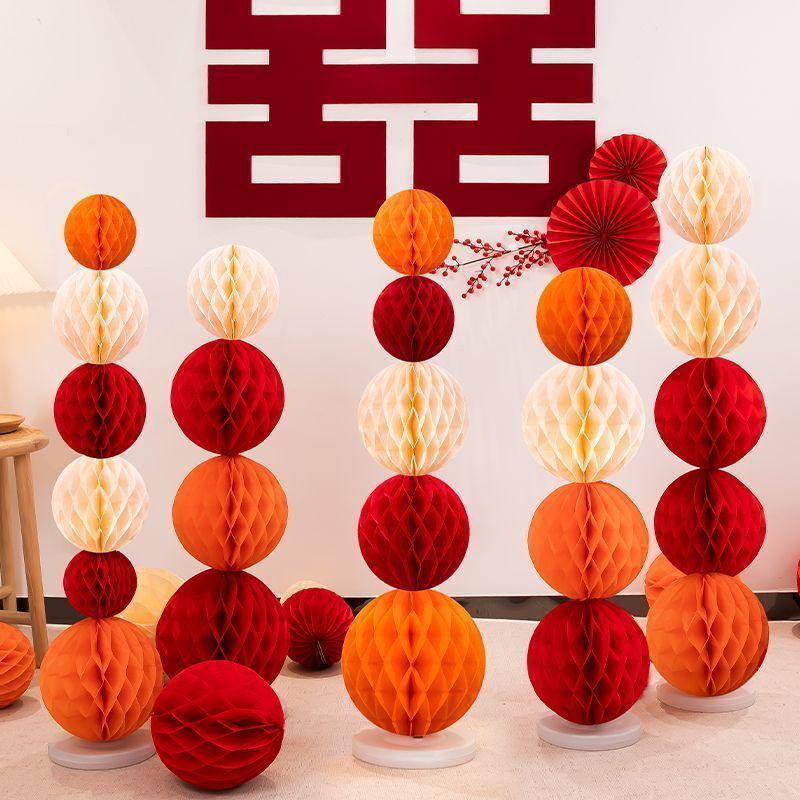 Honeycomb Ball Pillar Lantern for Wedding Room Decoration, Bride Photo Props, Double Happiness Wall Flower