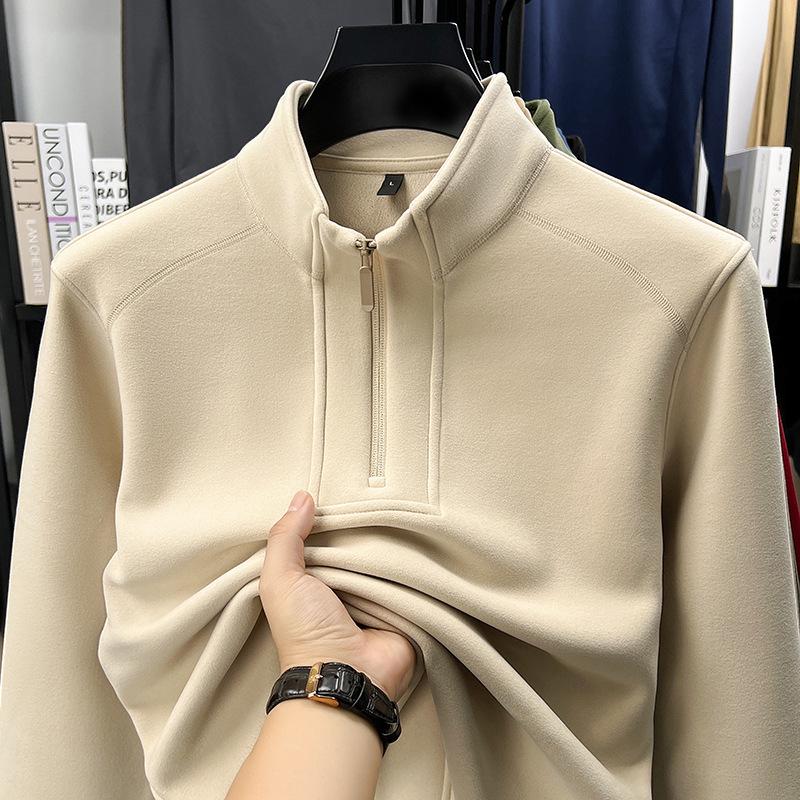 2025 Autumn/Winter Men's Solid Color Half-Zip Windproof Stand Collar Fleece Hoodie