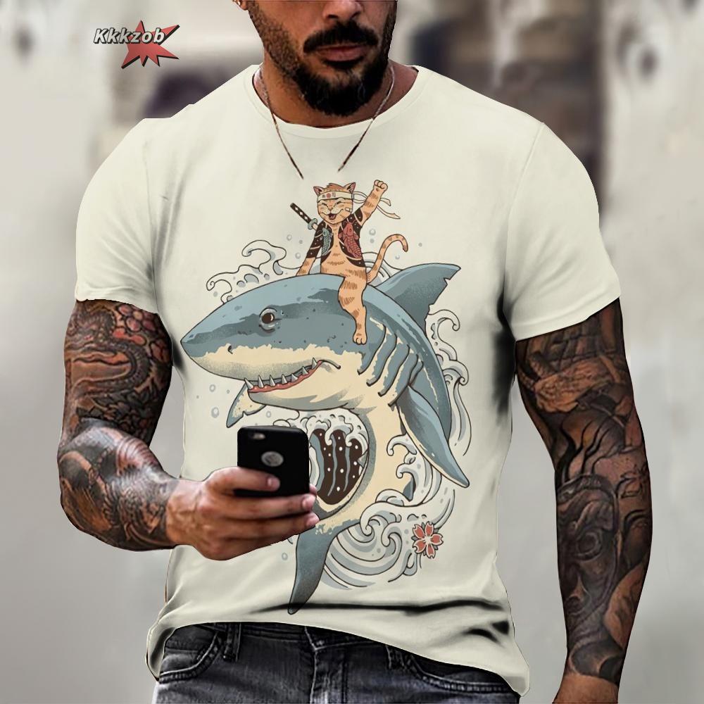 Animal Warrior Cat Print Short Sleeve Pattern Men's T-shirt 3D T-shirt Harajuku Tops Fun O Neck Pullover Summer Men's Casual Clo