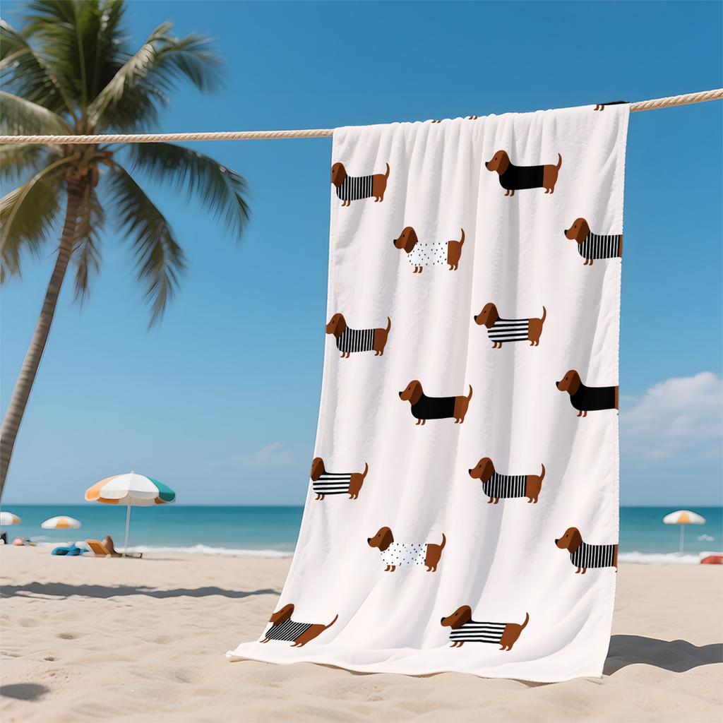1 Piece Cute Dachshund Seamless Pattern Beach Towel-Soft Microfiber, Quick Dry, Cartoon Dog in Striped Shirts and Dots Travel