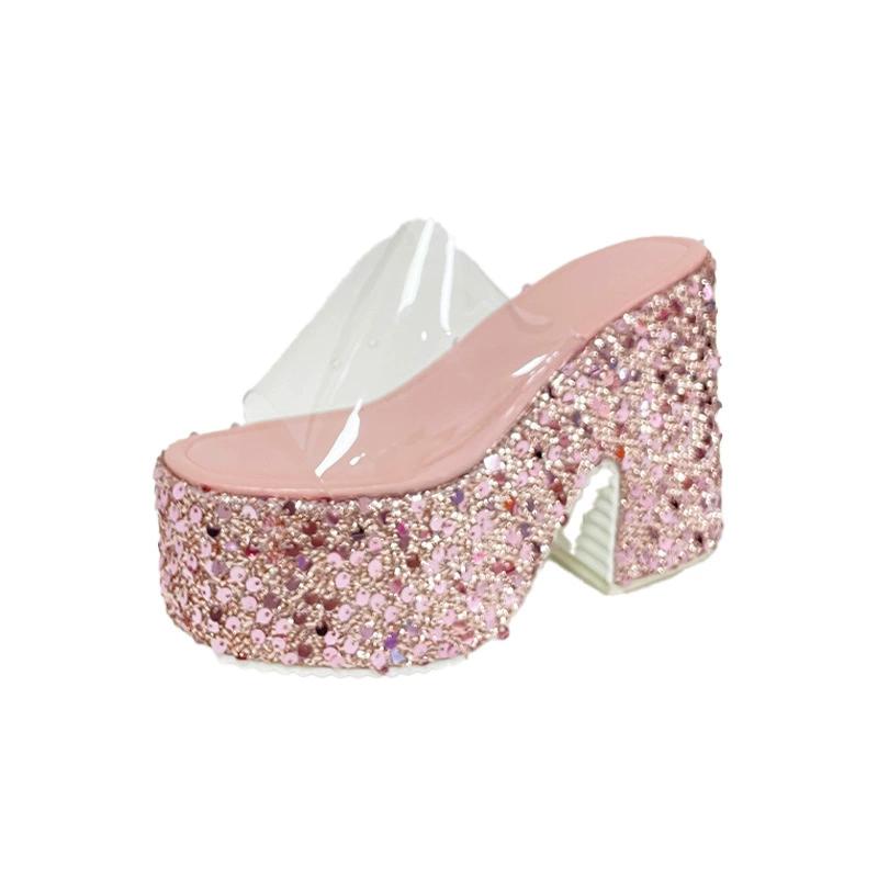 Ultra High Heels, Sponge Cake, Thick Sole, Large Size Sequins, Korean Version Slippers, Sandals
