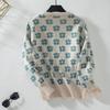 Pullover Print Vintage Long Sleeve Sweater Knitwear Loose V-Neck Top for Autumn Winter