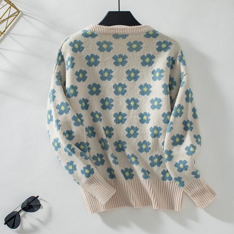 Pullover Print Vintage Long Sleeve Sweater Knitwear Loose V-Neck Top for Autumn Winter