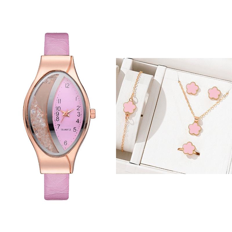 Fashionable Women's Rhinestone Leather Strap Watch with Flowing Sand Design