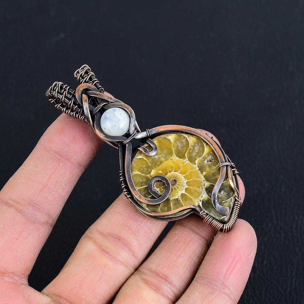 Ammonite Fossil 999 Copper Wire Wrapped Pendant, Handmade Gemstone Jewelry Pendant For Memorial Day