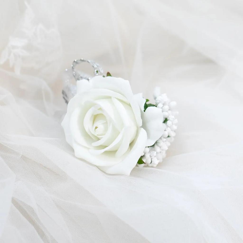 6pcs White Pink Corsage and Boutonniere Set Artificial Rose Wristlet Suit Flower for Men Wedding Party Prom Decoration