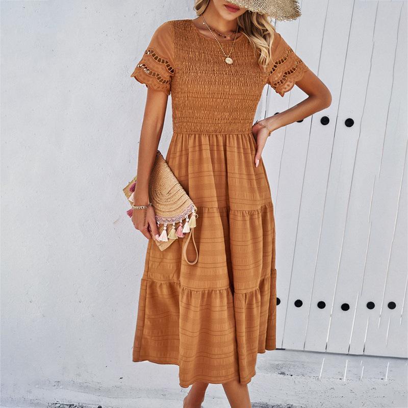 

Elegant High-Waisted A-Line Summer Dress – Versatile Ruched Short Sleeve Design for Women, 2026 Collection L коричневий