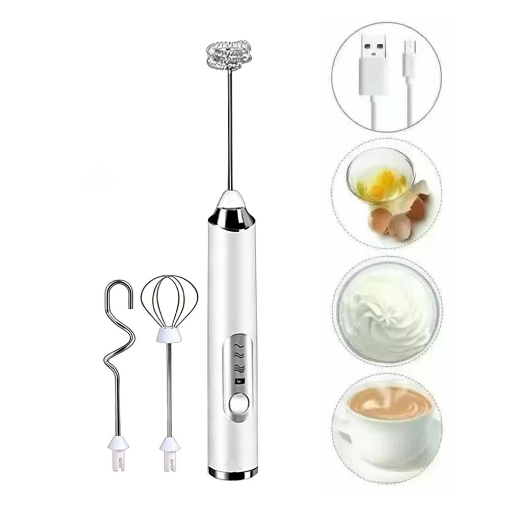 

Черный ручной вспениватель молока USB-перезаряжаемый электрический венчик с 3 насадками, 3 скорости, вспениватель для кофе для латте, капучино, взбиватель яиц белый