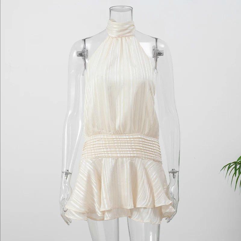 Halter Backless Chiffon Dress Woman's Sexy Lace Up Sleeveless Pleat Wrapped Waist Elegant Short Dresses 2025 Summer New Fashion