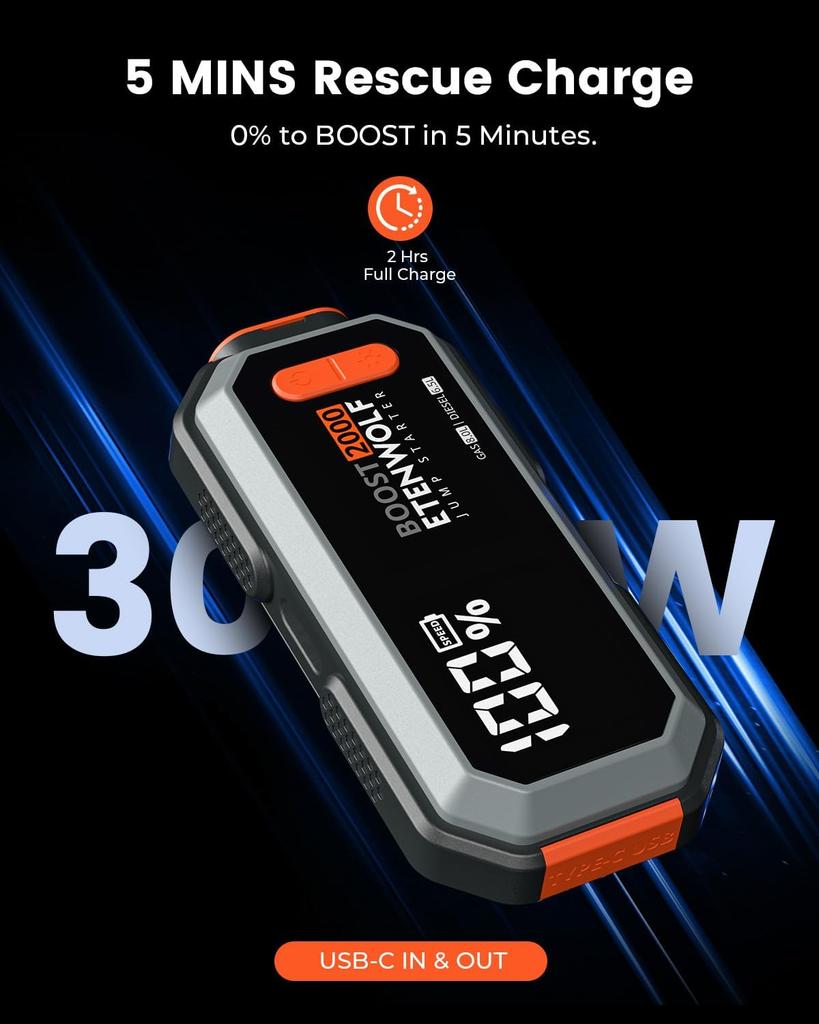 Portable 2000A Car Jump Starter 12V, 8.0L Gas/6.5L Diesel, USB-C Jump Box with Cable & LED Light