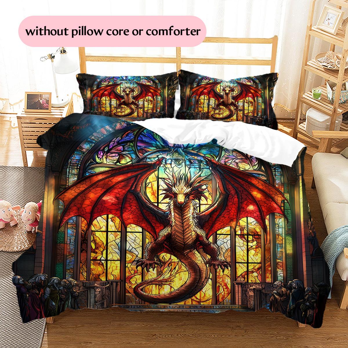 

Stained glass dragon Pattern Bedding Quilt Set Quilt Cover Pillowcase Home Decoration Gift (1 * duvet cover + 2 * pillowcase, without core) 135x200cm