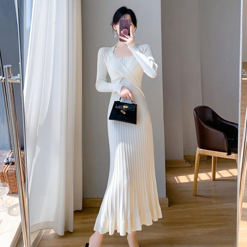 French Style Autumn Winter Women Ruffles Sweater Dress Pink Apricot Black Red Trumpet Knitting Dress Elegant Feminine Knitted Mermaid Dress