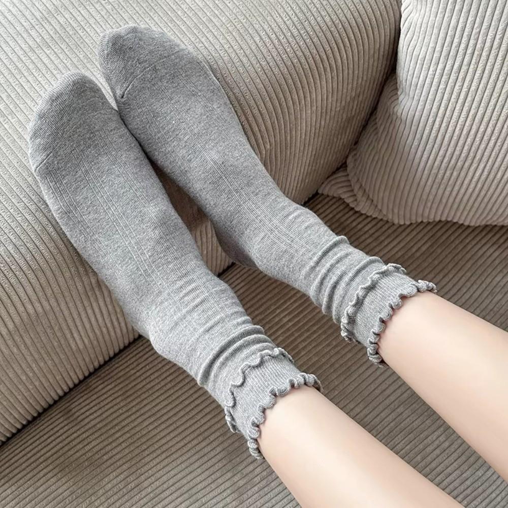 1 Pair Solid Color Ruffle Socks Vertical Stripes Korean Style Socks Comfy Frilly Socks  Daily Wear