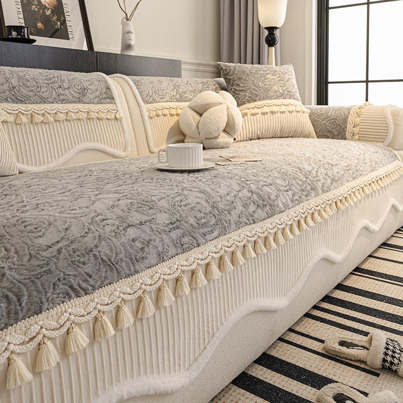 3D Rose Velvet Sofa Cushion Winter Thick Anti Slip Sofa Cover Towel Light Luxury One-piece Splicing Tassels Modular Sofa Cover