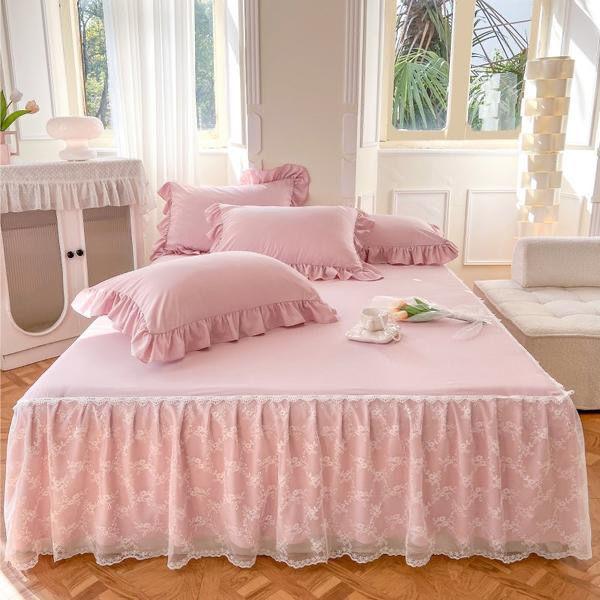 French Lace Embroidered Bed Skirt Small Fresh Solid Color Cotton Bed Cover Thin Gauze Hem Anti Slip Bed Sheets and Bedding