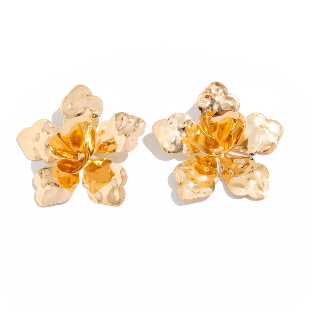 Exaggerated Metal Dripping Oil Big Flower Stud Earrings, Fashionable Three-Dimensional Petal Earrings