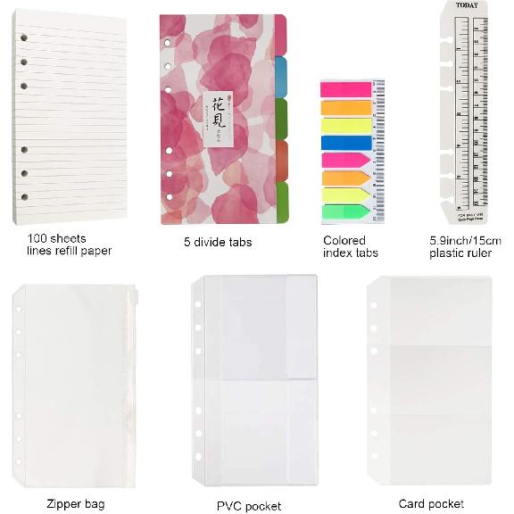 A6 Refill Paper, 100 Sheets Lined Paper, 6 Hole Punched - 5 Binder Dividers, 3 PVC Pouches, 160 Colored Index Tabs, 1 Quick Page Finder, for Filofax