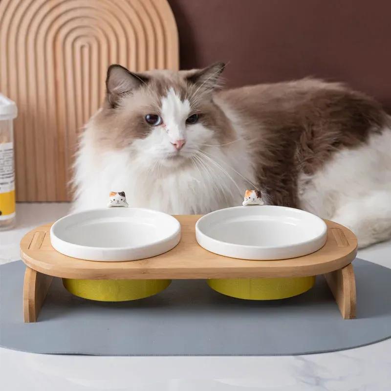 Cartoon Pets Double Bowl Dog Cat Food Water Feeder Stand Raised Ceramic Dish Bowl Wooden Table Pet Supplies Cat Bowls