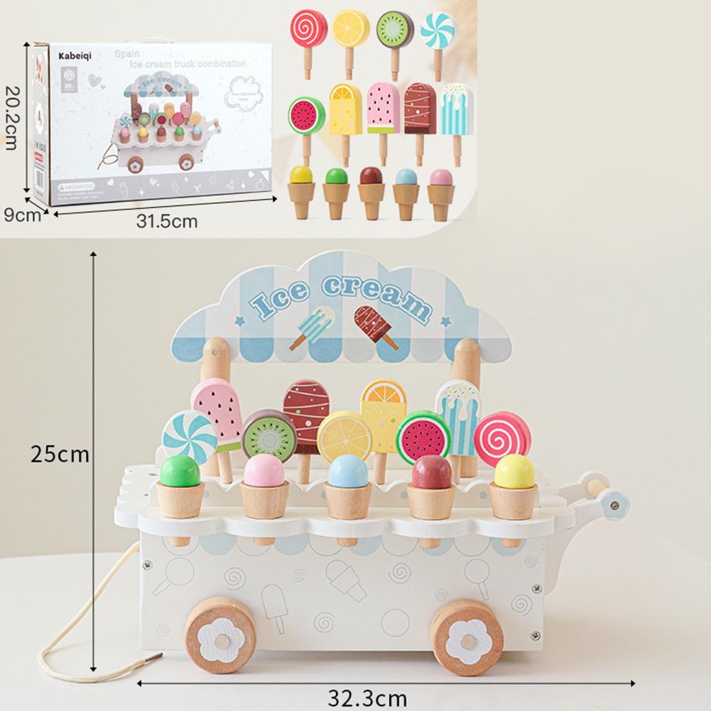 Wooden Ice Cream Cart Toy Ice Cream Truck Playset Pretend Play Kitchen Food Toy Early Education Learning Toys Gifts For Kids