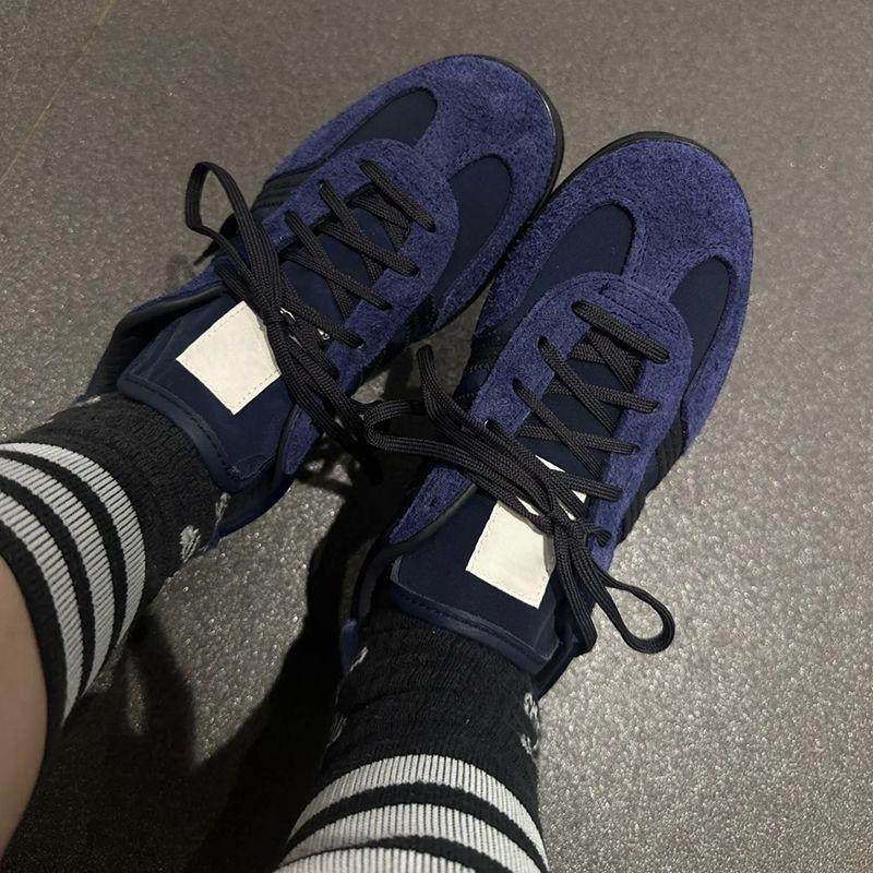 Cowhide version~ retro round head color matching striped German training shoes for women's new versatile flat-bottomed casual sports shoes board shoes