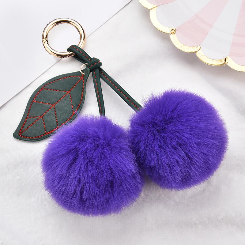 Fashion New Cute Fluffy Artificial Rabbit Fur Ball Pompom Leaf Keychain Cherry Key Chain Handbag Pendant Car Key Chain Ring