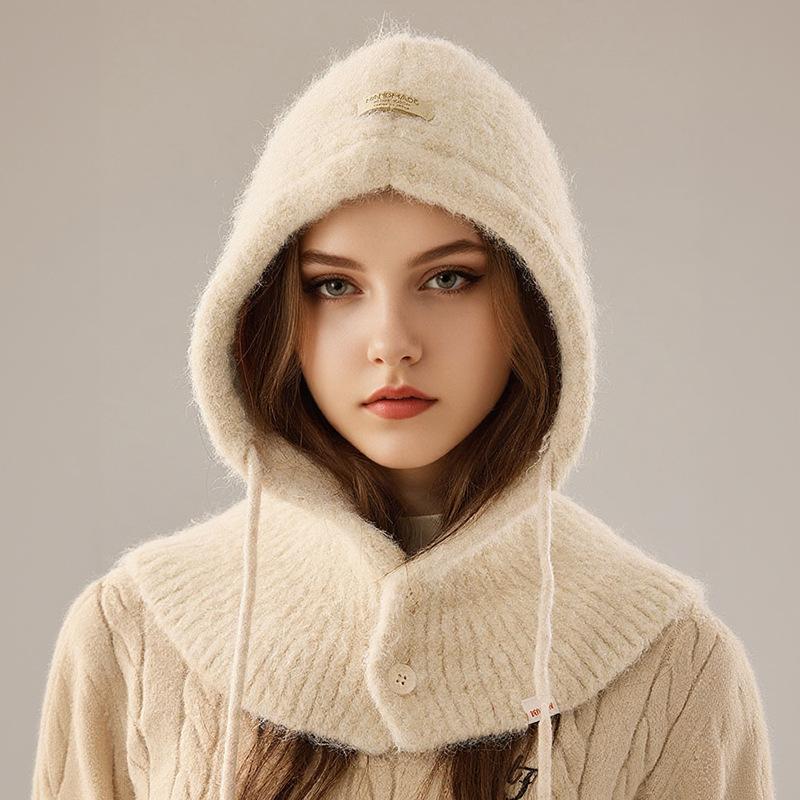 

Балаклава с большим обхватом головы для женщин на осень и зиму, новая вязаная шапка-капюшон, интегрированный теплый шарф для защиты ушей, шерстяная шапка