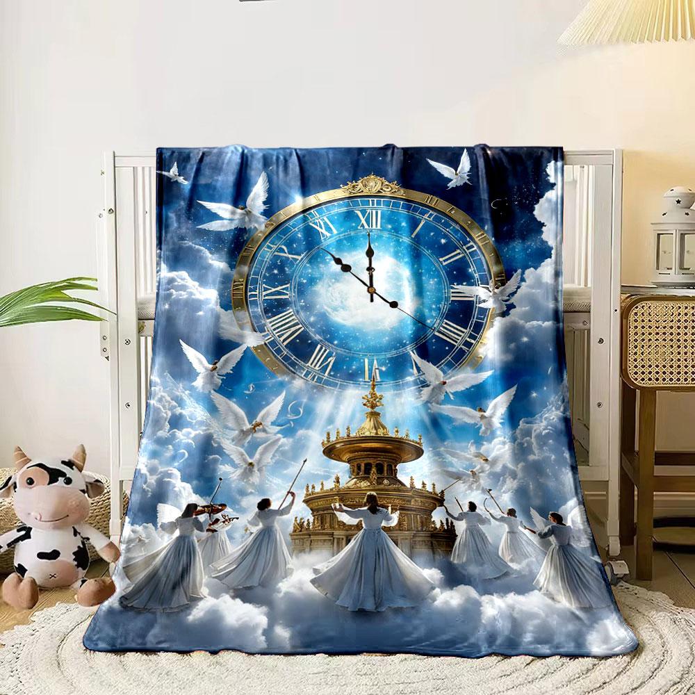 Angel Clock Cloud Printed Blanket  Printed Blanket for Living Room Bed Couch lunch break Soft Cozy Blanket for Friend's festival Gift