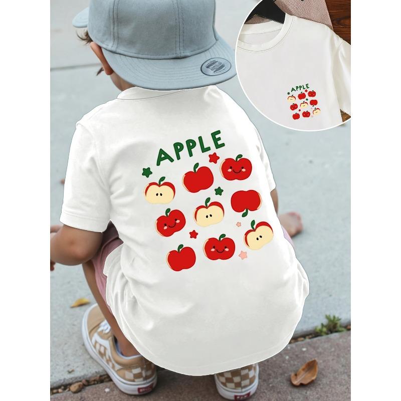 Boys Spring Summer Crewneck Tee, Cute Cartoon Apple Print Stylish Casual Short Sleeve Kids Top 110 белый