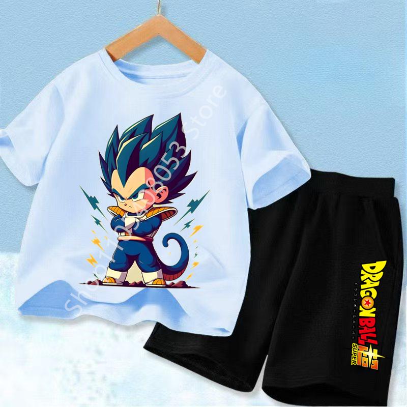 2026 Anime Cool Goku Dragon Ball Z Boys CosPlay Short Sleeve Shorts with Pocket Beach Pants Breathable Polyester T-shirt Kids Suit