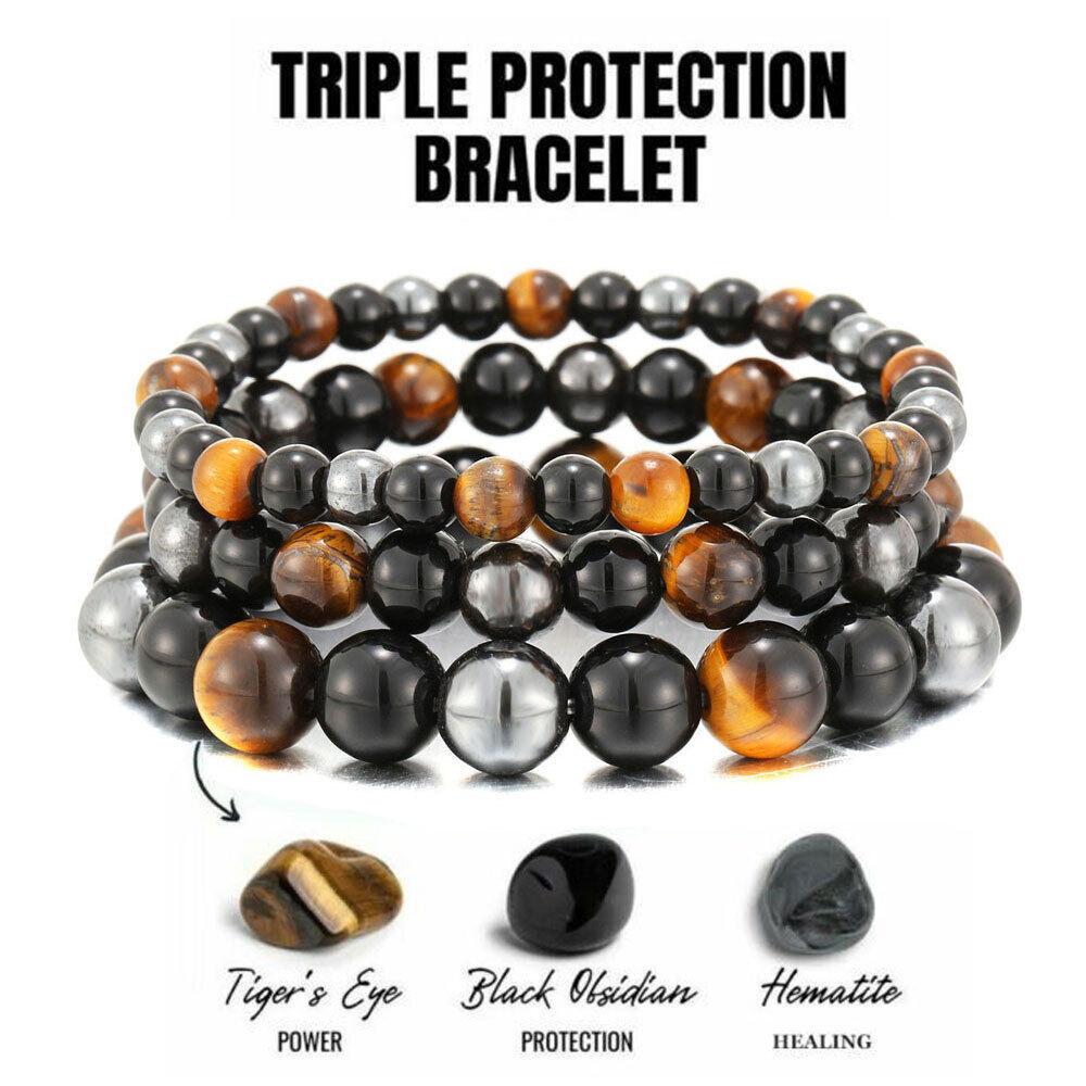 Bracciale in pietra naturale da 8 / 10MM Occhio di tigre Protezione tripla semi Ematite e bracciale in ossidiana nera Coppia regalo di gioielli