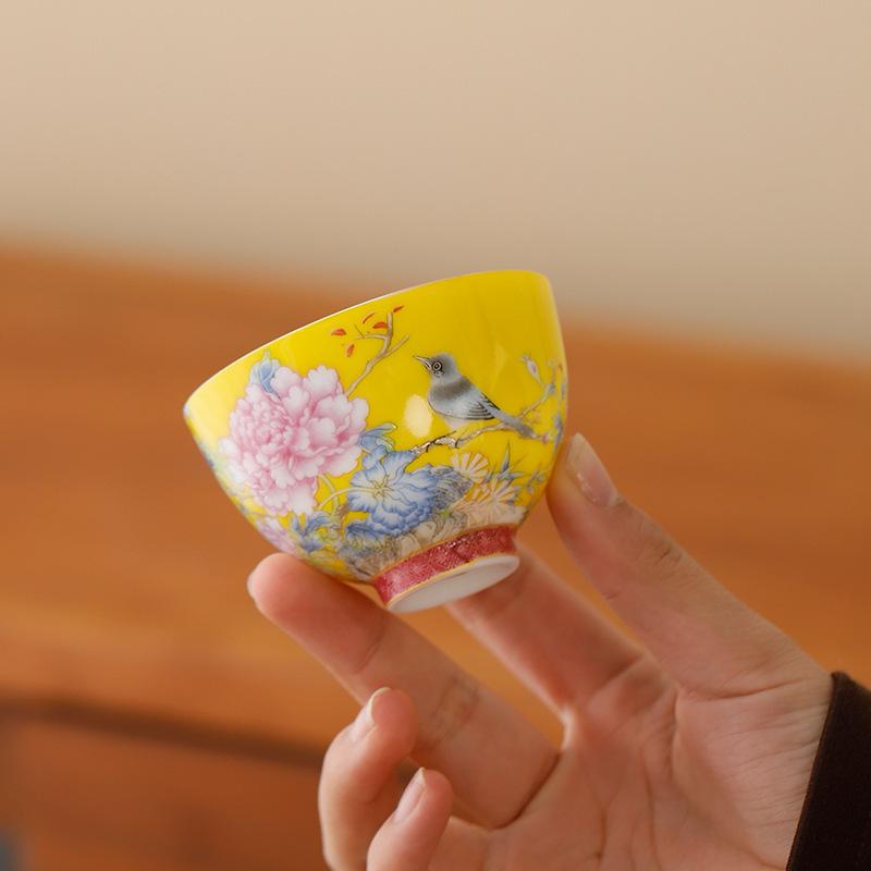 Enamel Color Tea Cup Ceramic Master Cup Palace Style National Trend Retro Tea Bowl Household Kung Fu Tea Cup6Gift Box