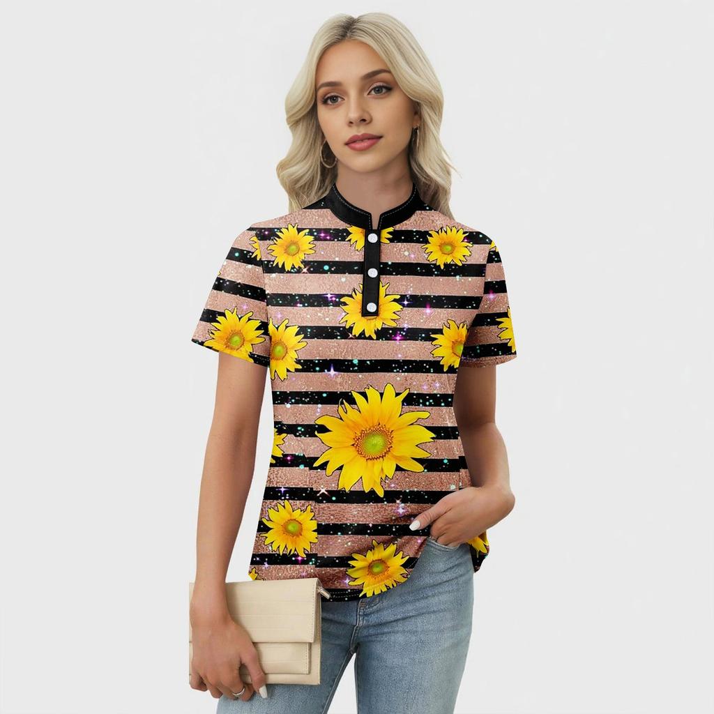 Women's Casual Floral Print V-Neck Short Sleeve Decorative Button T-Shirt Top