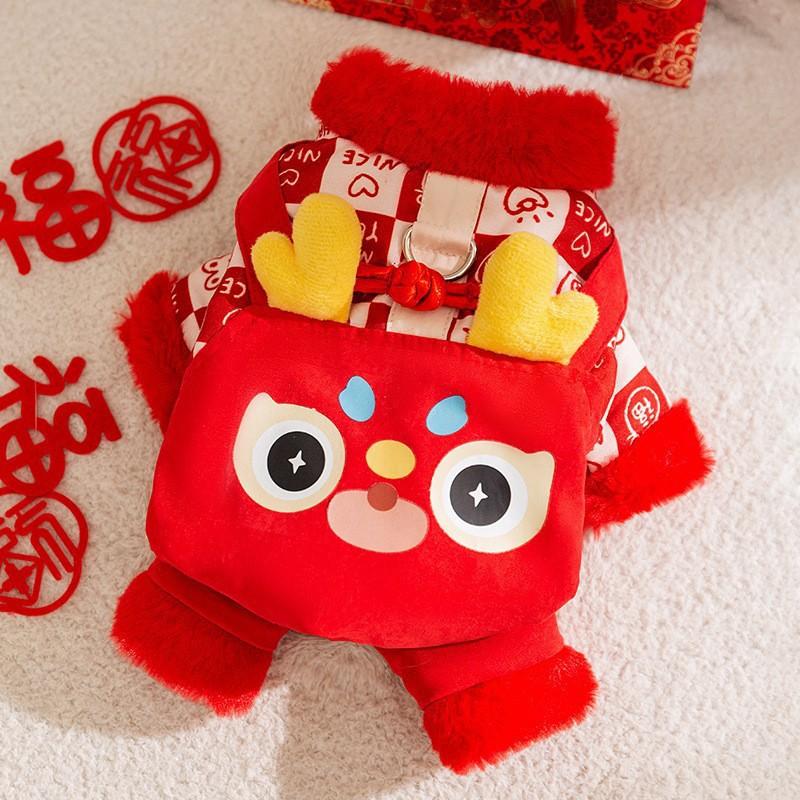 Pet Winter Vest Dogs Cats With Scarf Chinese Style Festive Outfit Warm Fleece Lined Dog Coat New Celebration