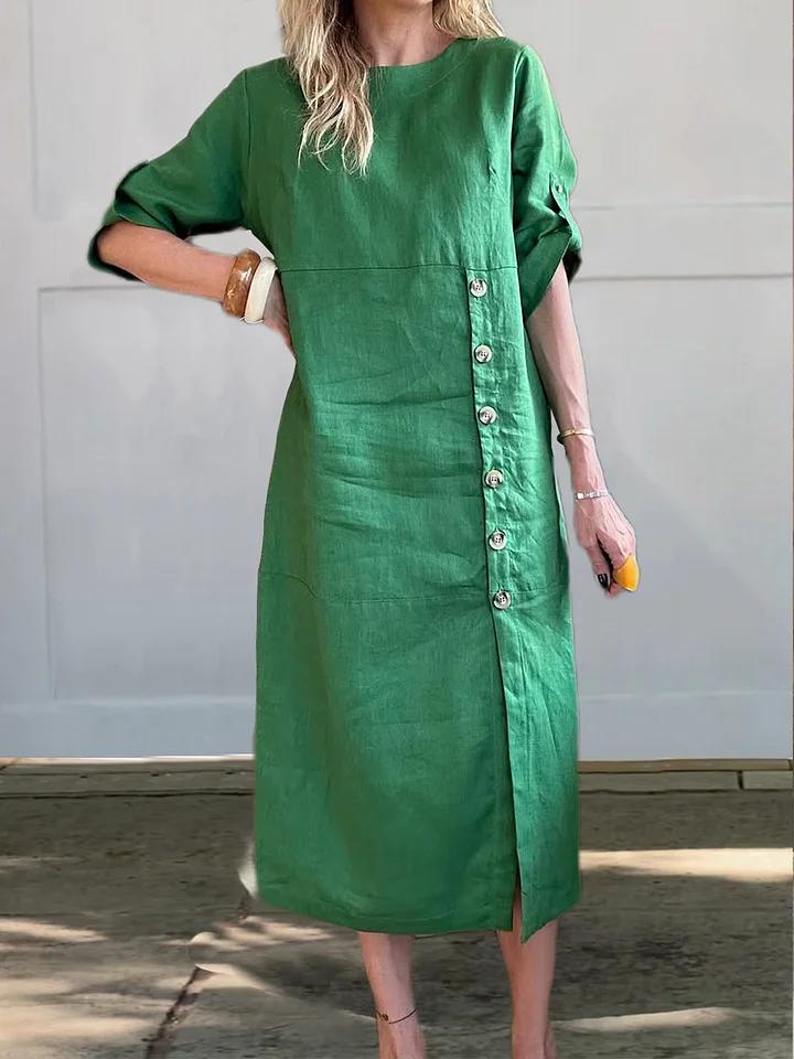 

Mustard Yellow Midi Dress with Ruffled Sleeves and Side Buttons, Round Neck Split Hem Casual Elegant Dress S