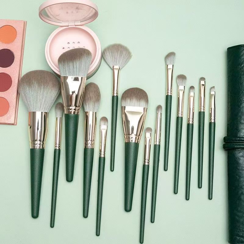 HMU Hot Selling 14pcs Green Makeup Brush With Bag Set High Quality Professional Foundation Beauty Makeup Tool Factory regular size
