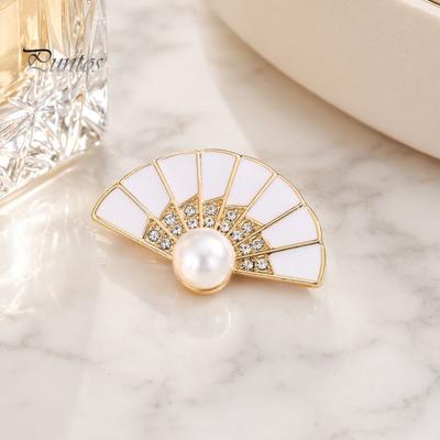 Faux Pearl Fan Accessory Rhinestone Brooch, Women Girls Chinese Lapel Decorative Pin, Badge Jewelry for Clothes Bag Hat Scarf Suit Long-lasting Brooch