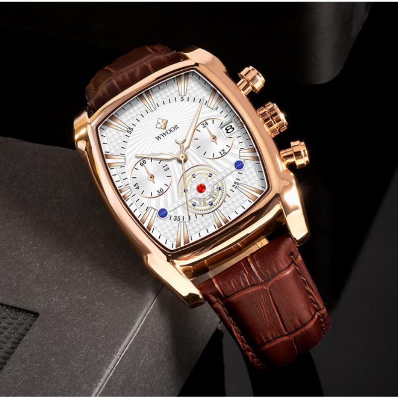 WWOOR Lederarmbanduhr Business New Concept Herrenarmbanduhr Wasserdicht Leuchtende Nadel Quarzuhr