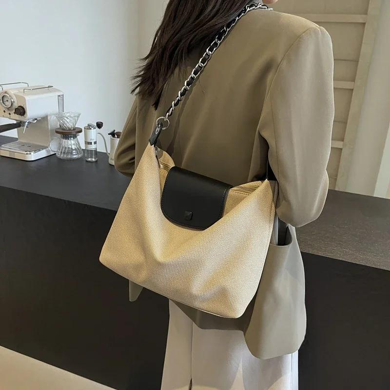 Combination Color PU and Fabric Shoulder Bag for Women Square Closure Zipper Large Capacity Luxury Sense Crossbody Bag for Women