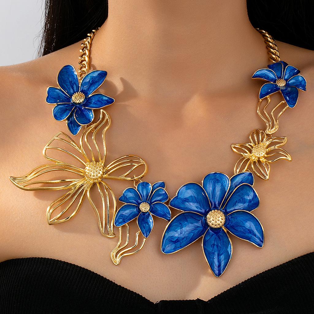 Vintage Oil Drop Flower Necklace for Women, Trendy Daily Beach Vacation Jewelry, Unique Delicate Collarbone Chain