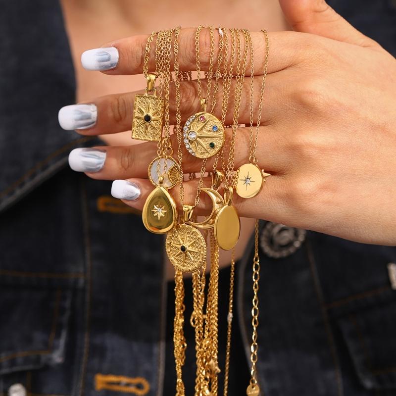 Stainless Steel Pendant Necklace Cubic Zirconia Charm Neckchain Unisex Clavicle Chain Gold Plated Waterproof Jewelry