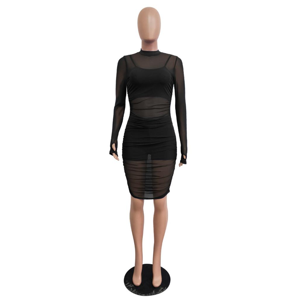 Women’s Sexy Three Piece Outfit Long Sleeve Sexy Sheer Ruched Mesh Dress with Vest and Shorts